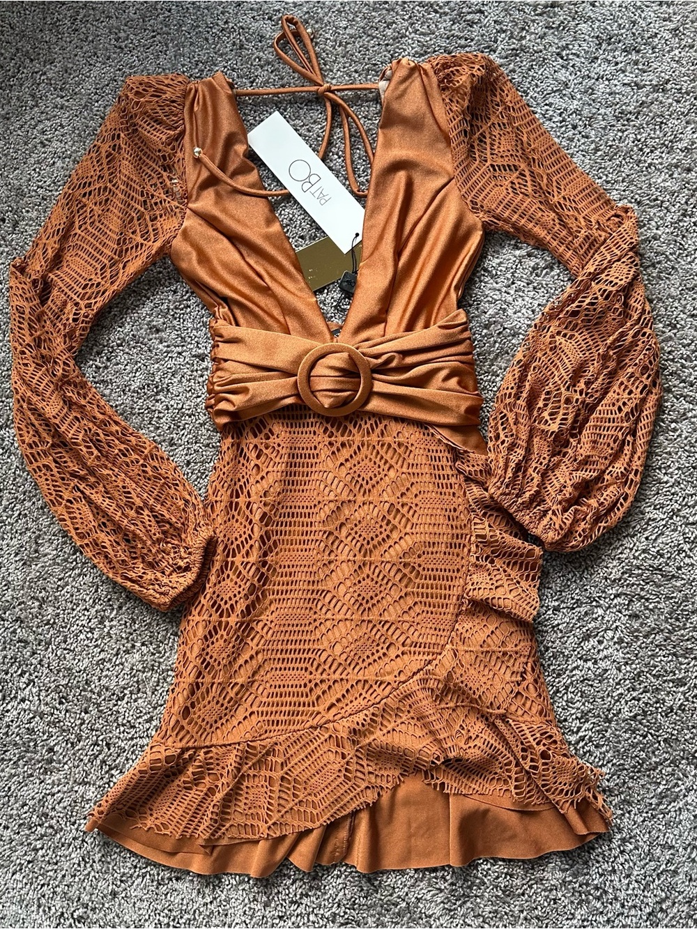 PatBO Rust Crochet Long-Sleeve Mini Dress with Belt